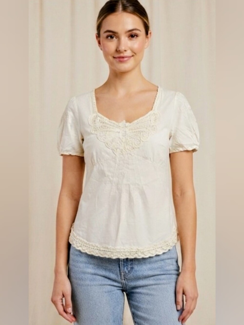 Veeko Cream 100% Cotton Lace Detail Blouse  Small , New